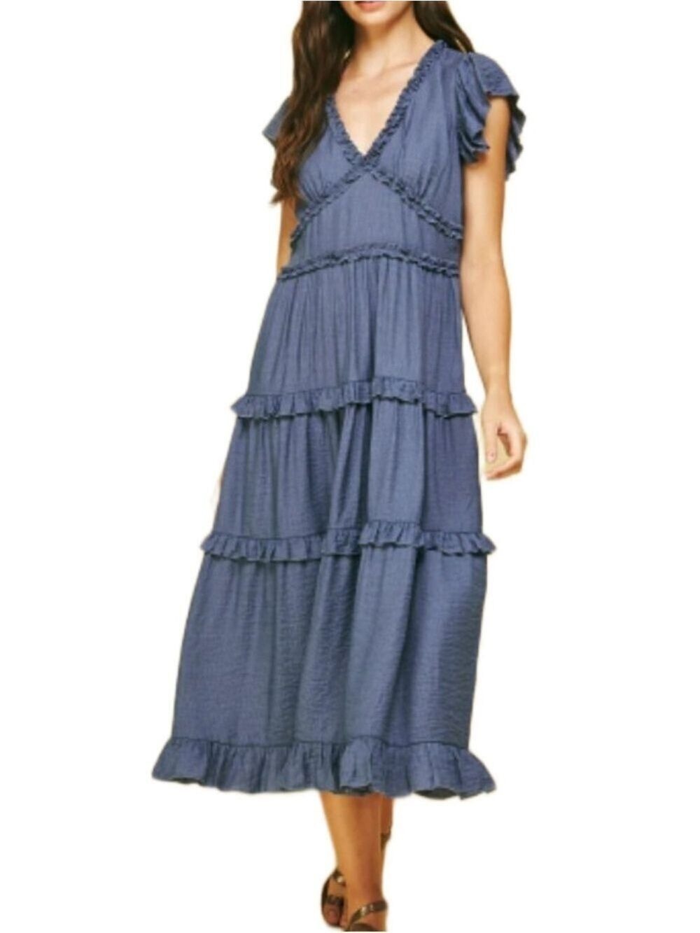 AYRA TIERED RUFFLED BLUE BOHO TEA LENGTH MIDI DRESS SIZE XS